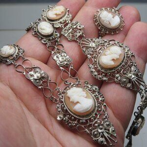 *925 Silver Antique Cameo Set Necklace,Bracelet,Ring